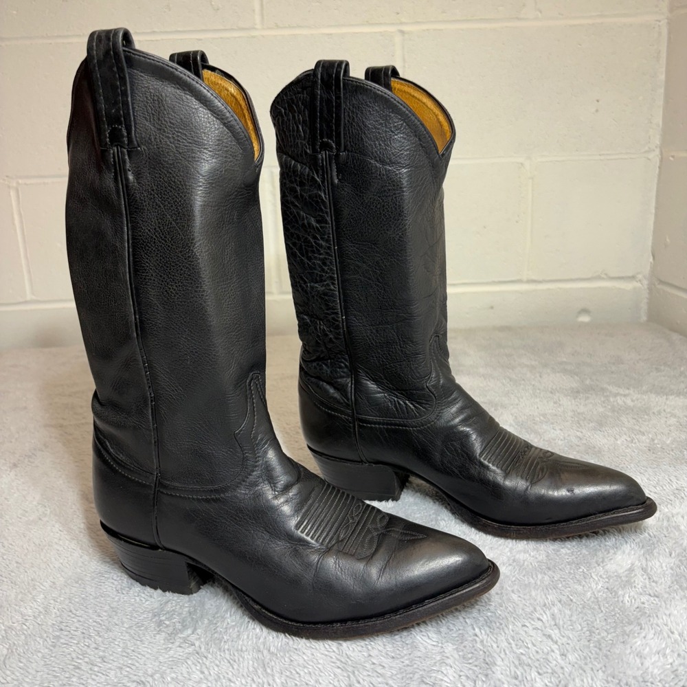 Tony Lama Cowboy Boots Mens 7.5 D Black Leather Western Pointed Toe USA Vintage